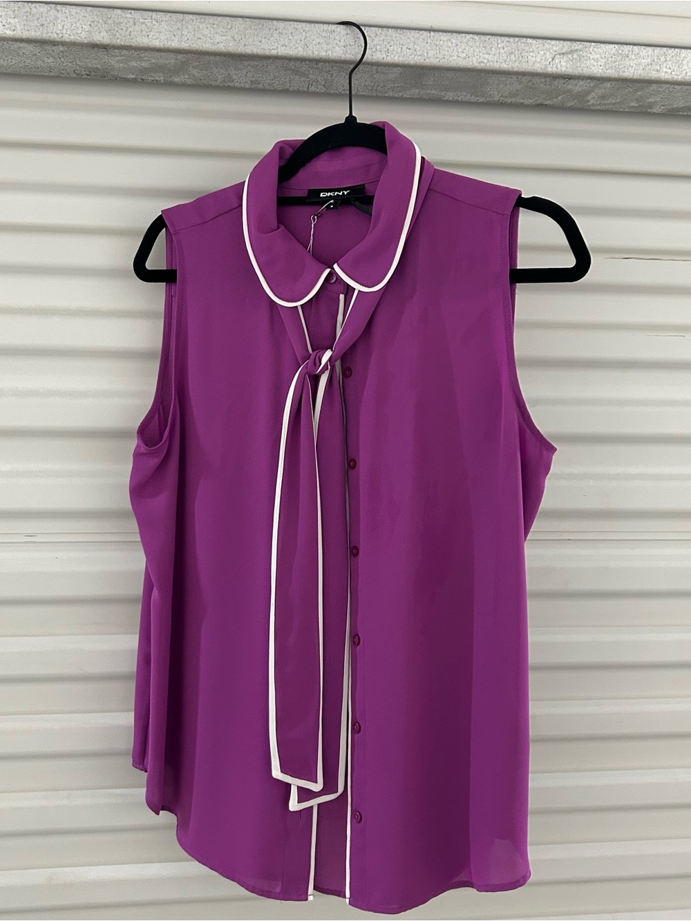 DKNY Sleeveless Tie-Neck Blouse in Bright Magenta with White Trim
